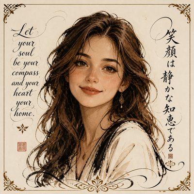 head-and-shoulders portrait of an original character: a young woman with wavy chestnut hair and a warm smile, plain soft backdrop