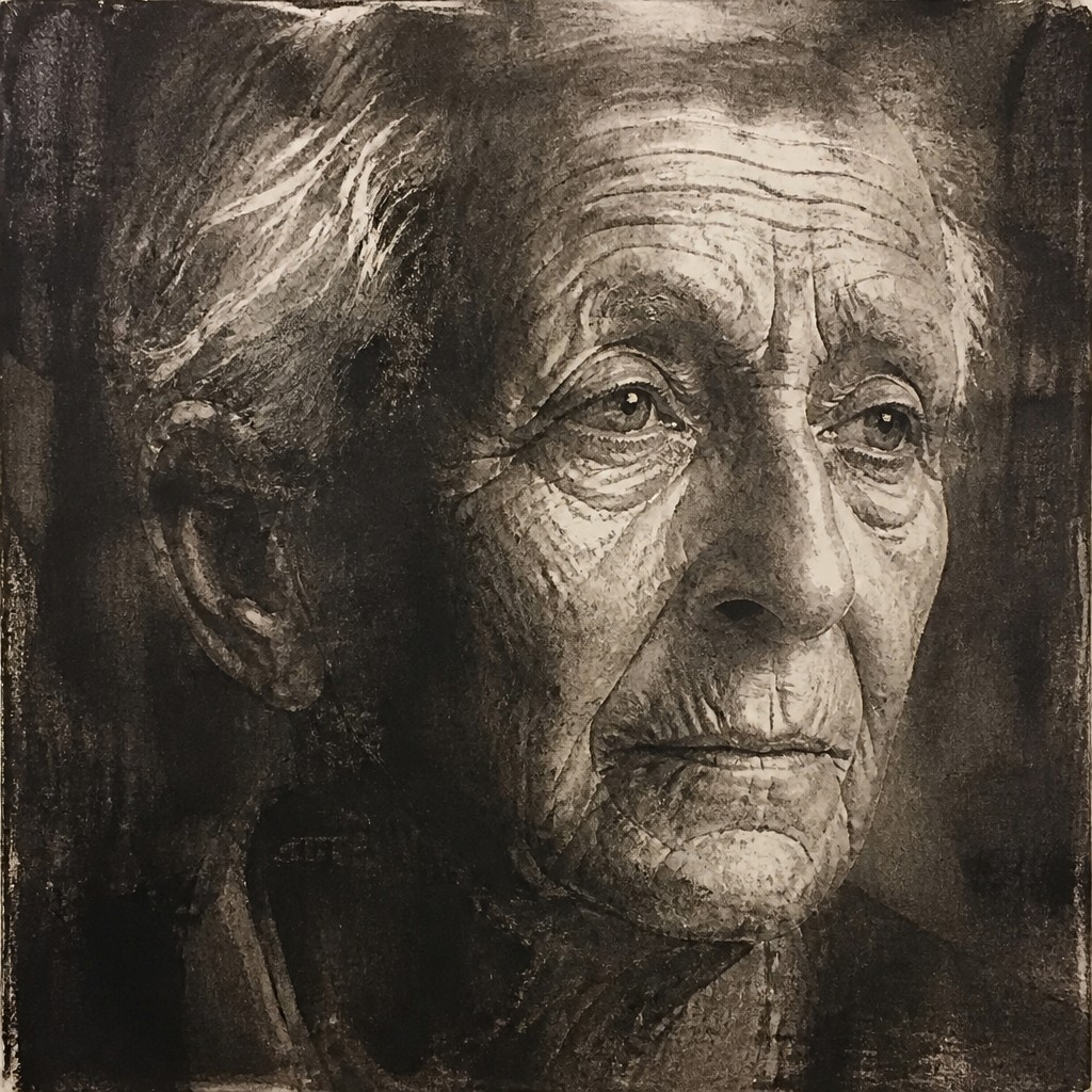 close-up portrait of an elderly person with expressive weathered features — Monotype Print Style