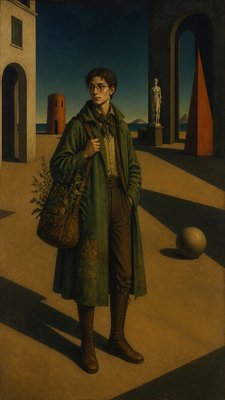 full-body original character: a wandering botanist with a satchel of plants, a patched green cloak, tall boots and round glasses, neutral background