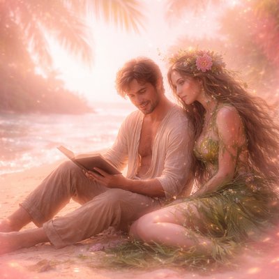 An island goddess spirit robed in green leaves covertly 
sits beside a castaway man on a beach who is reading a book 