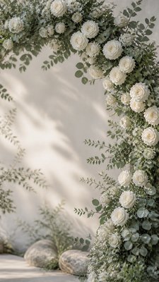 an arch of white roses and eucalyptus in soft morning light, elegant vertical composition with open space, no text