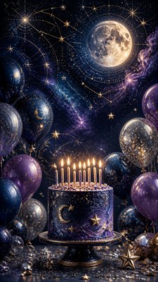 a birthday cake with lit candles surrounded by balloons and confetti, festive vertical composition, no text