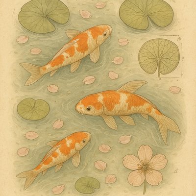 A koi pond seen from above, orange and white koi fish swimming among lily pads, clear water with subtle ripples, fallen cherry blossom petals floating on the surface, dappled sunlight