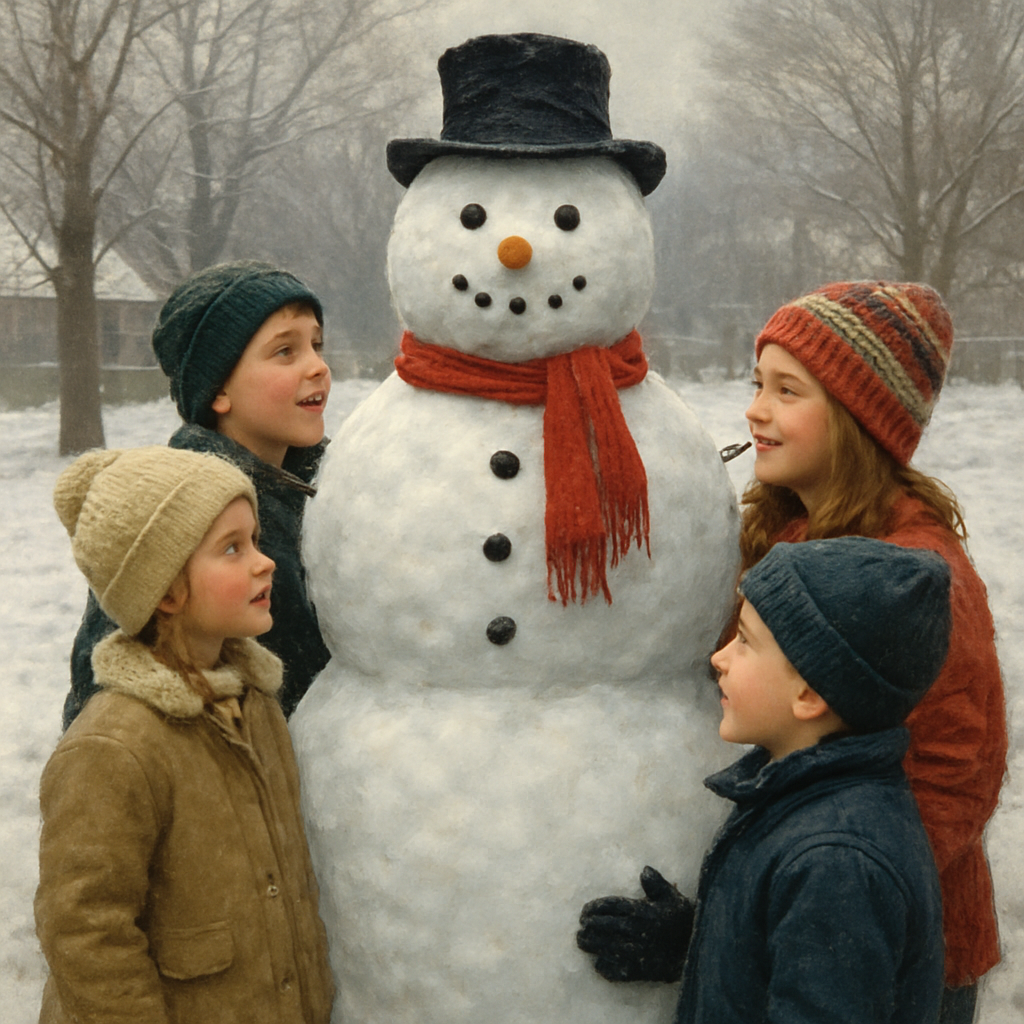 A Norman Rockwell style magazine style winter scene of a fully built snowman with children all around it, admiring their creation.