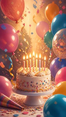 a birthday cake with lit candles surrounded by balloons and confetti, festive vertical composition, no text