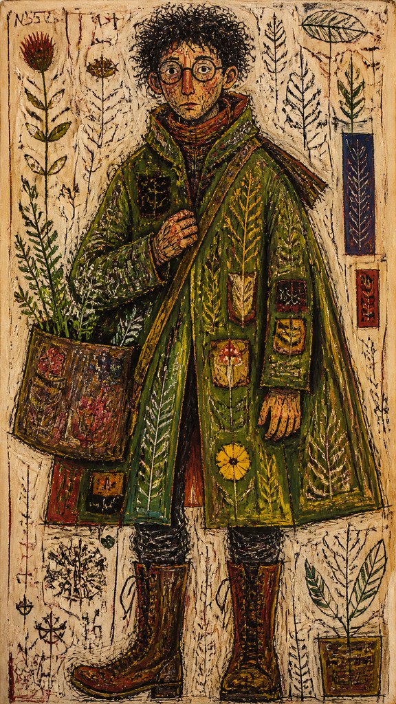 full-body original character: a wandering botanist with a satchel of plants, a patched green cloak, tall boots and round glasses, neutral background