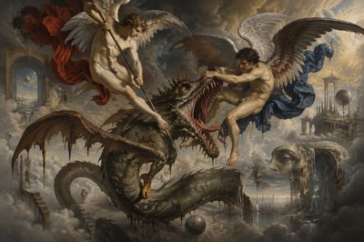 two ancient ignudi angels fighting a dragon midair