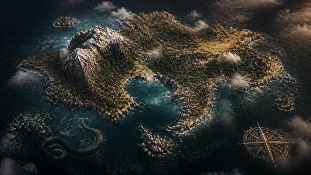 a map of an island realm with mountains, forests, a sheltered bay, sea monsters in the water and a compass rose, no text labels