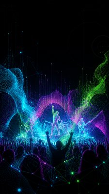 a live music scene with a glowing stage and silhouetted crowd, energetic vertical composition with open space at the top, no text