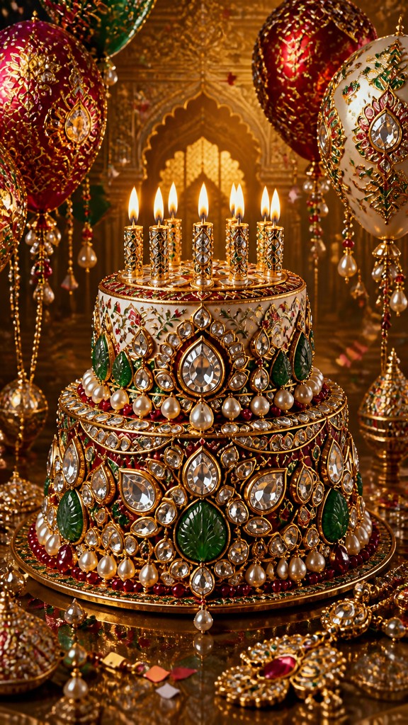 a birthday cake with lit candles surrounded by balloons and confetti, festive vertical composition, no text