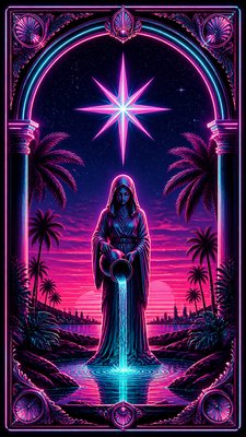 a robed figure pouring water beneath a large eight-pointed star in a night sky, symmetrical composition with an ornate decorative border, no text