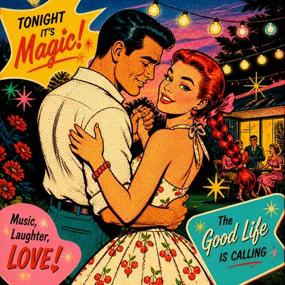 an original couple dancing under string lights in a garden at dusk: a man with short black hair in a linen shirt and a woman with braided red hair in a summer dress