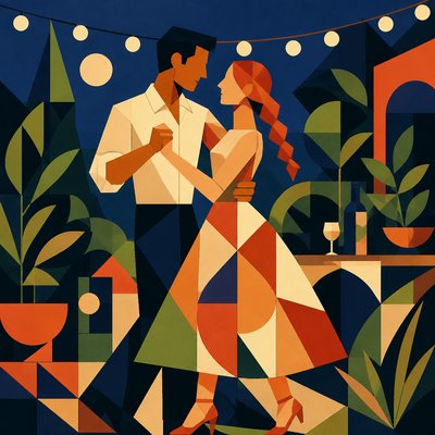 an original couple dancing under string lights in a garden at dusk: a man with short black hair in a linen shirt and a woman with braided red hair in a summer dress