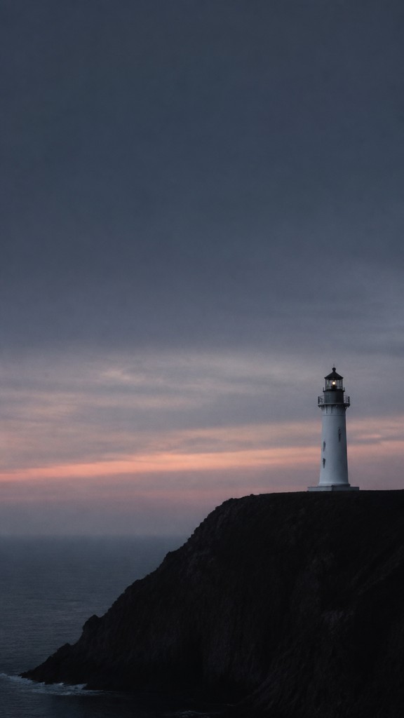 a lone lighthouse on a cliff at dusk under a dramatic sky, no text or lettering