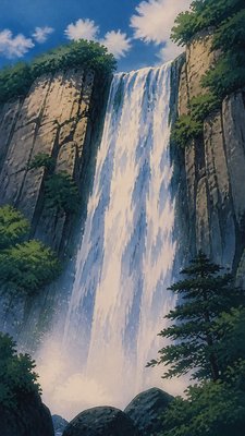 towering waterfall cascading down a cliff