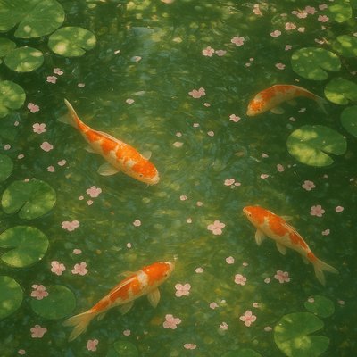 A koi pond seen from above, orange and white koi fish swimming among lily pads, clear water with subtle ripples, fallen cherry blossom petals floating on the surface, dappled sunlight