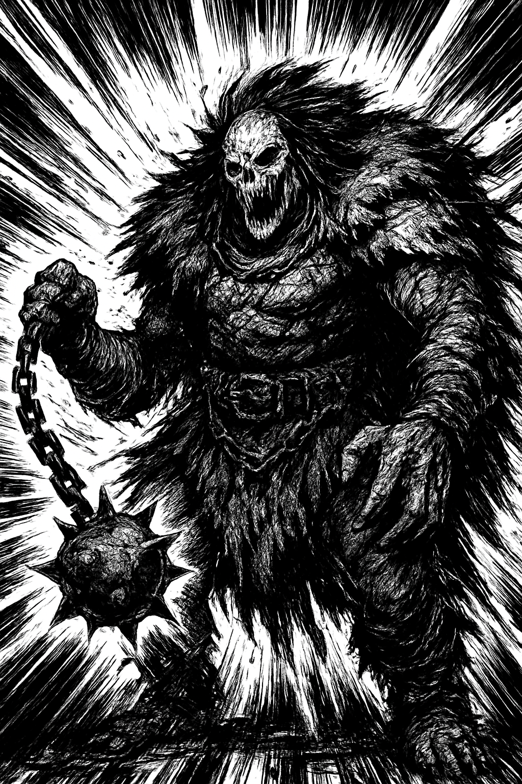 a black and white drawing of a monster holding a chain