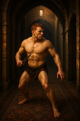 a man with a knife standing in a tunnel