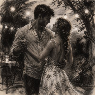 an original couple dancing under string lights in a garden at dusk: a man with short black hair in a linen shirt and a woman with braided red hair in a summer dress