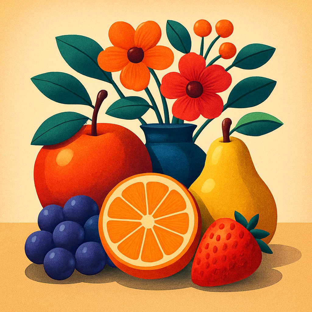 still life arrangement of fruits and flowers