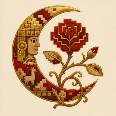 a rose entwined with a crescent moon, clean balanced composition on a plain background, no text