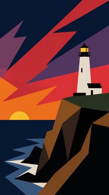 a lone lighthouse on a cliff at dusk under a dramatic sky, no text or lettering