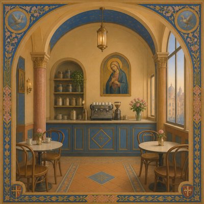 cozy cafe interior with warm lighting