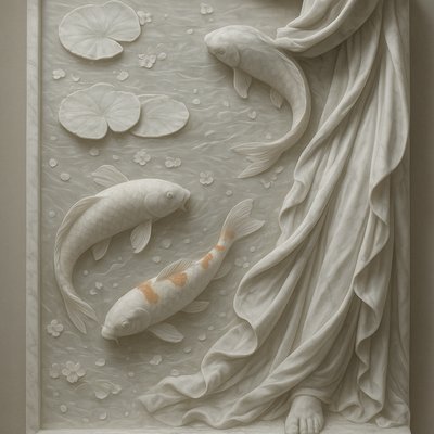 A koi pond seen from above, orange and white koi fish swimming among lily pads, clear water with subtle ripples, fallen cherry blossom petals floating on the surface, dappled sunlight