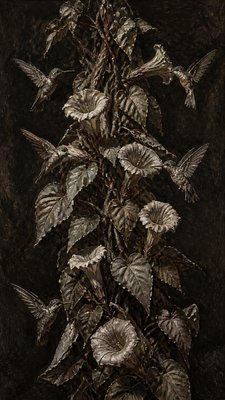 a climbing vine of flowers and hummingbirds on a dark background, tall wrapping composition, no text