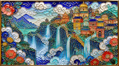 a cliffside city with waterfalls cascading into a misty canyon, wide establishing shot, no people, no text