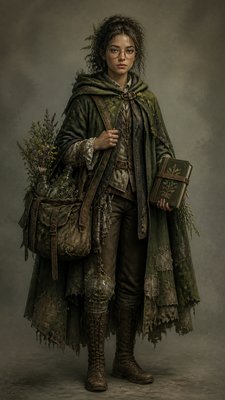 full-body original character: a wandering botanist with a satchel of plants, a patched green cloak, tall boots and round glasses, neutral background