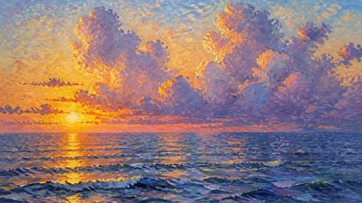 a panoramic ocean horizon with towering clouds at golden hour, no people