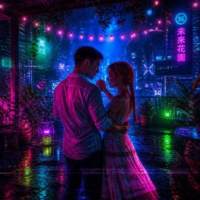 an original couple dancing under string lights in a garden at dusk: a man with short black hair in a linen shirt and a woman with braided red hair in a summer dress