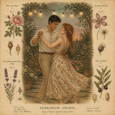 an original couple dancing under string lights in a garden at dusk: a man with short black hair in a linen shirt and a woman with braided red hair in a summer dress