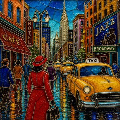 urban street with city activity — Enamel Art Style