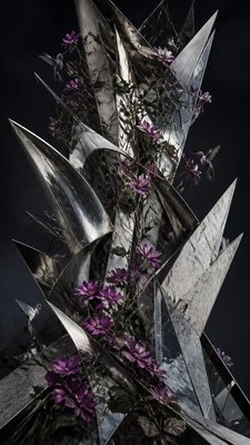 a climbing vine of flowers and hummingbirds on a dark background, tall wrapping composition, no text