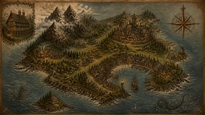 a map of an island realm with mountains, forests, a sheltered bay, sea monsters in the water and a compass rose, no text labels