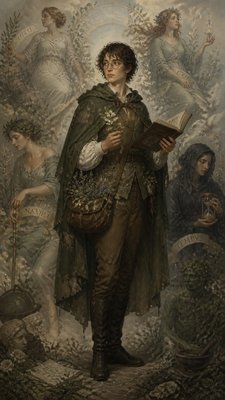 full-body original character: a wandering botanist with a satchel of plants, a patched green cloak, tall boots and round glasses, neutral background