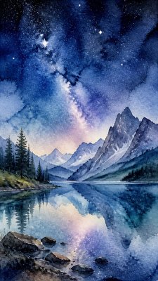 a tranquil mountain lake beneath a starry night sky, no people, no text