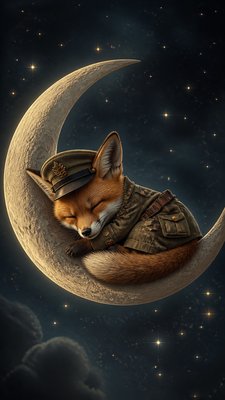 a sleeping baby fox curled on a crescent moon among soft stars, gentle and warm, no text