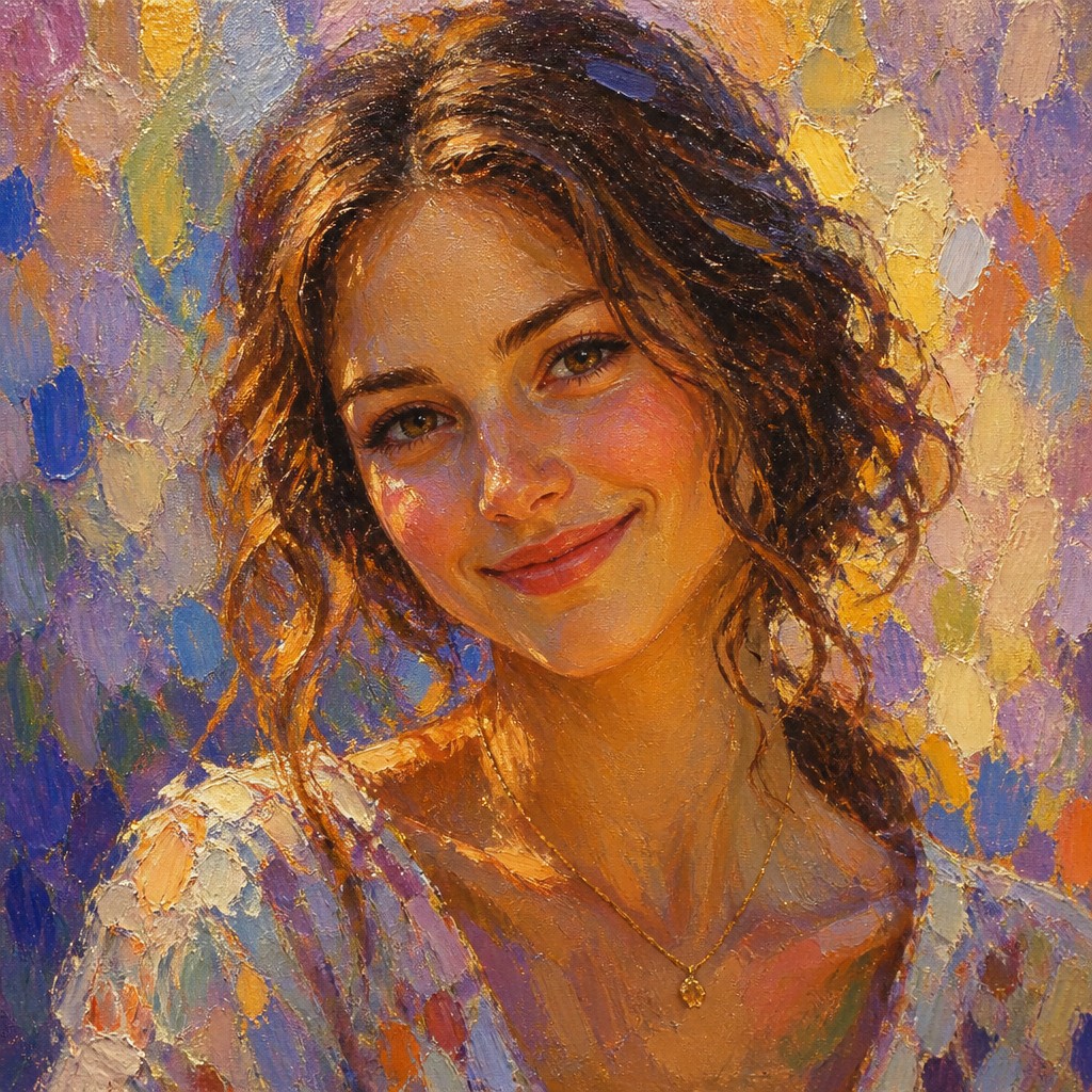 head-and-shoulders portrait of an original character: a young woman with wavy chestnut hair and a warm smile, plain soft backdrop