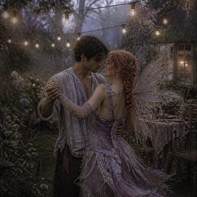 an original couple dancing under string lights in a garden at dusk: a man with short black hair in a linen shirt and a woman with braided red hair in a summer dress