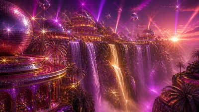 a cliffside city with waterfalls cascading into a misty canyon, wide establishing shot, no people, no text