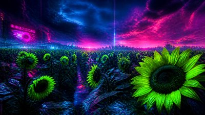 an endless field of sunflowers under summer clouds, no people