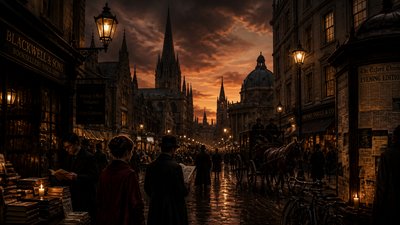 bustling city street panorama at dusk