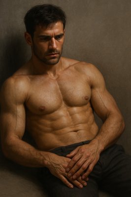 a shirtless man sitting on a couch with his hands on his chest