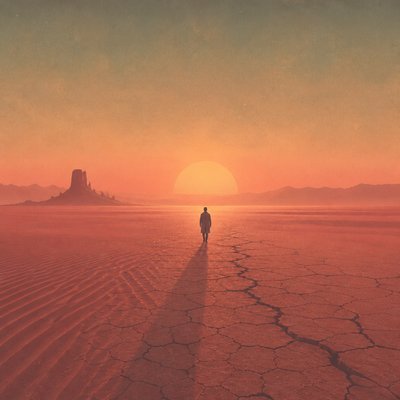 a solitary figure walking toward a glowing horizon across an empty plain, moody atmosphere, no text or lettering