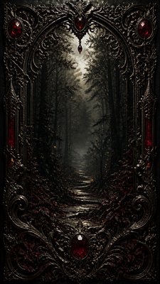a mysterious forest path with fireflies and drifting mist, atmospheric vertical composition with open space at the top, no text