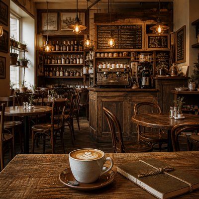 cozy cafe interior with warm lighting