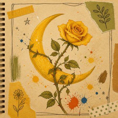 a rose entwined with a crescent moon, clean balanced composition on a plain background, no text